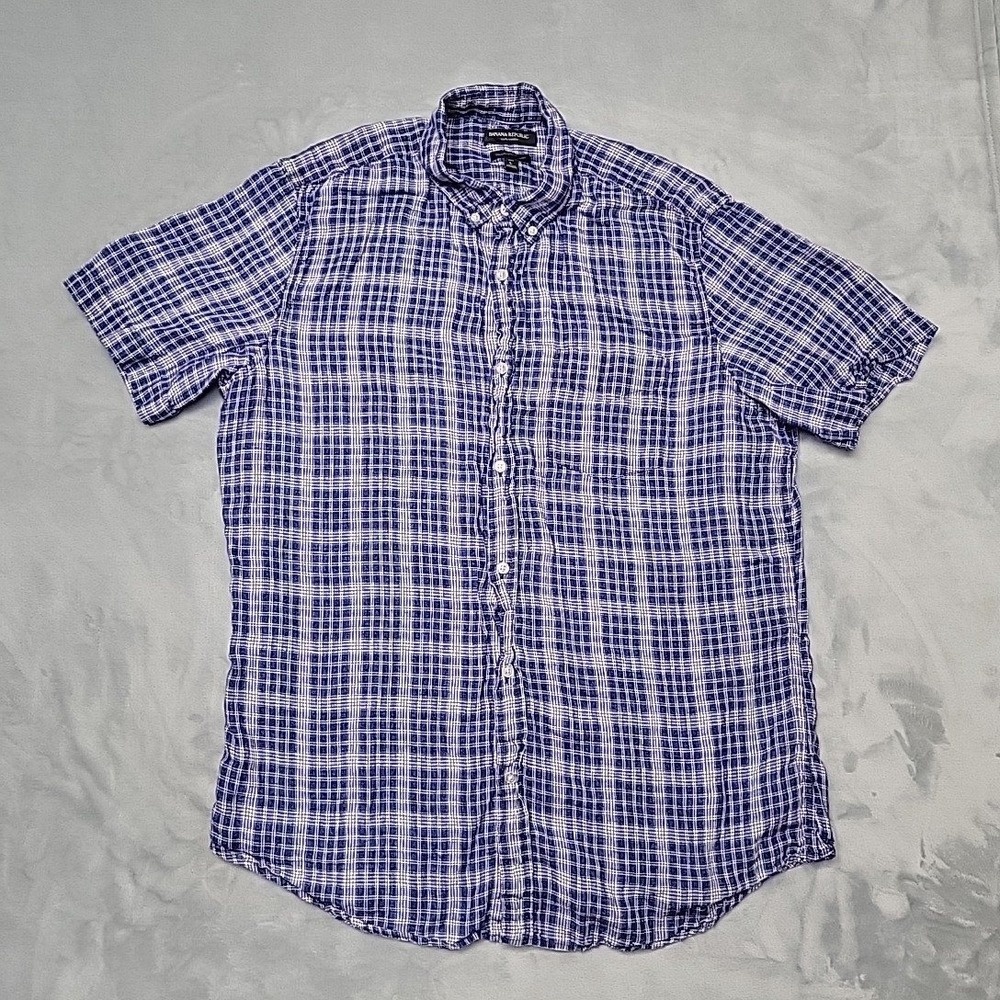 Banana Republic Shirt Mens Large Tall Blue 100% Linen Camden Plaid Button Down